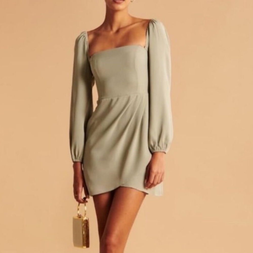 Abercrombie & Fitch Long-Sleeve Sage Green Draped Skirt Mini Dress